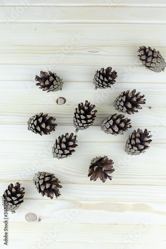 three fir cones, close-up. new year, holiday details.