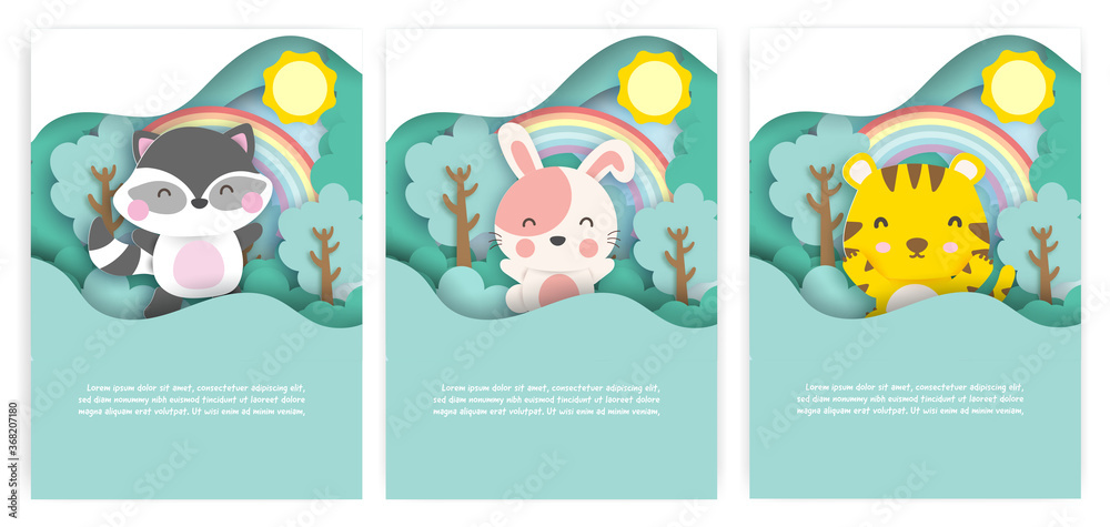 Baby shower cards with cute animals in the forest  paper cut style.