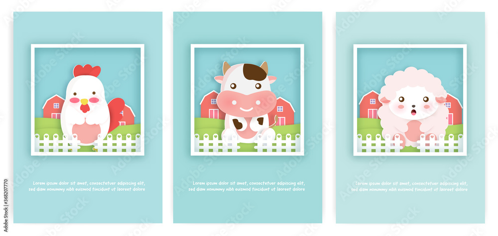 Set of farm animals cards for birthday card and greeting card.