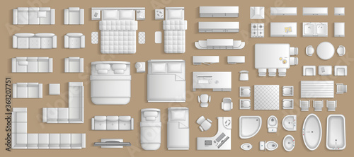 Icons set of interior. Furniture top view. Elements for the floor plan. (view from above). Furniture and elements for living room, bedroom, kitchen, bathroom, office. photo