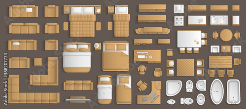 Icons set of interior. Furniture top view. Elements for the floor plan. (view from above). Furniture and elements for living room, bedroom, kitchen, bathroom, office.