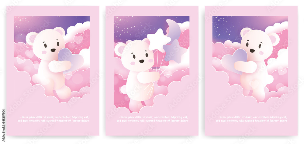 Set of greeting cards with cute teddy bear in pastel color.