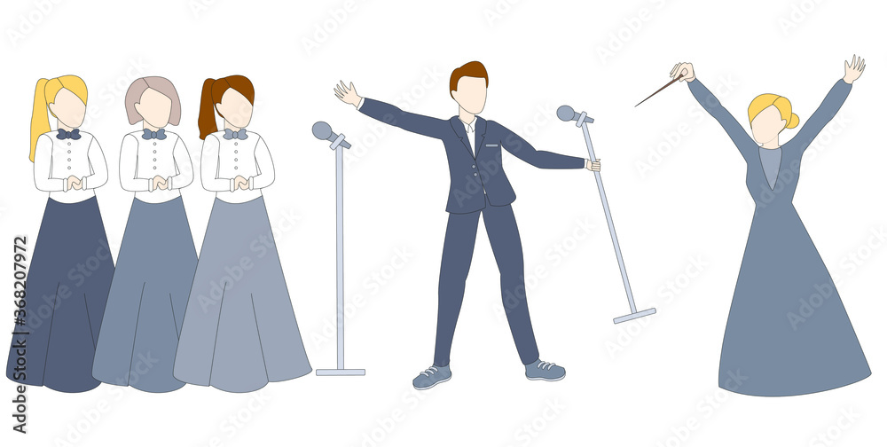 vector illustration of a singers. People without faces. Three women singers, singer man and conductor. Flat illustration.