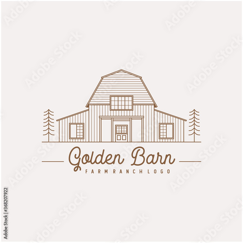 Vintage Retro Golden Wood Barn Farm Minimalist Logo design with line art style