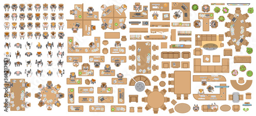 People at work and office furniture. (top view) Desks, chairs, cabinets, sofas, computers, conference room, reception. Men and women in different poses. (view from above)