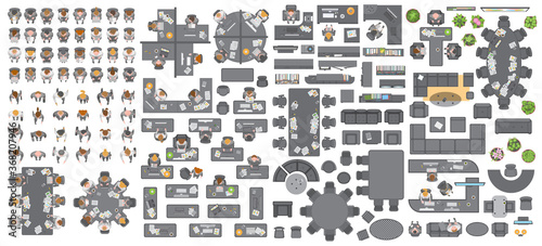 Vector set of office. People at work and office furniture. (top view) Desks, chairs, cabinets, sofas, computers, conference room, reception. Men and women in different poses. (view from above)