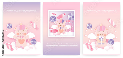 Set of baby shower cards with cute unicorn .
