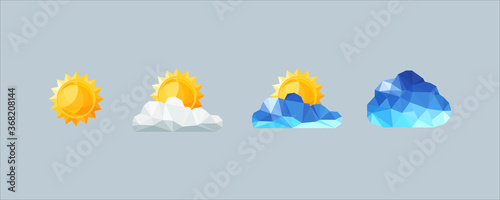 Weather forecast icon set with white and blue cloud, sun, lightning etc. Vector shapes from triangular polygons. 3d glass effect.