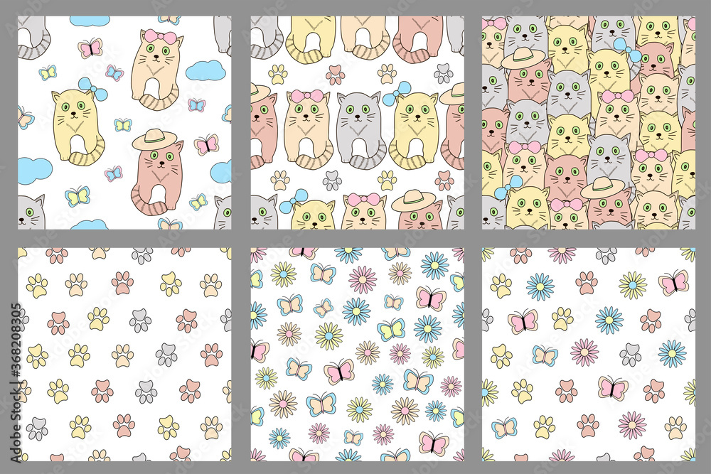 Seamless patterns with cats. Set.