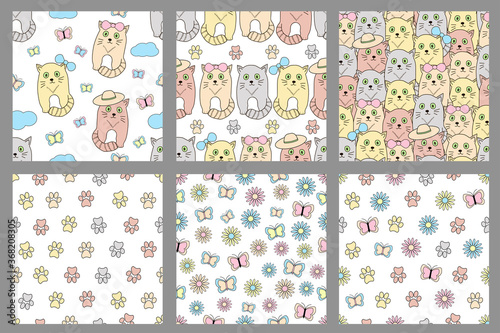 Seamless patterns with cats. Set.