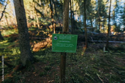 A sign in front of a forest