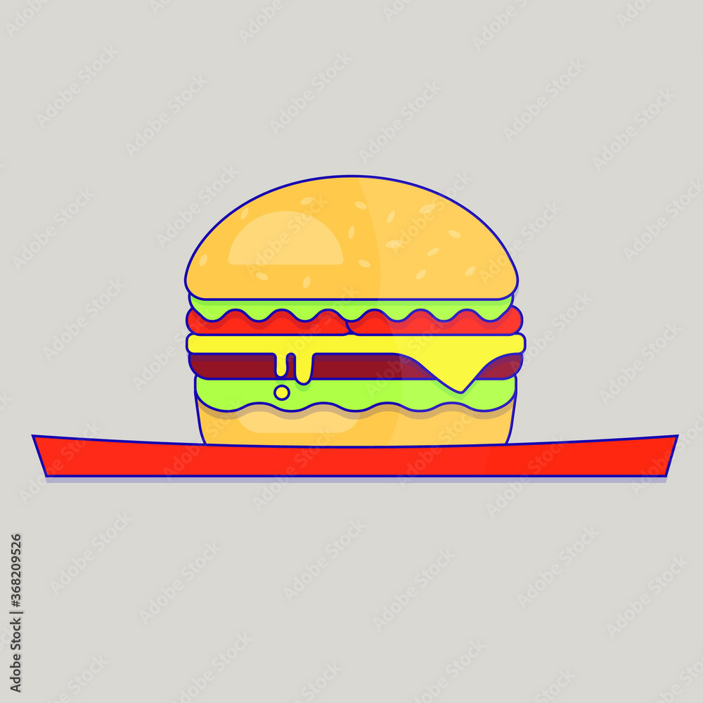 Single hamburger on red tablet isolated on grey background. Food icon. Simple design. Stock vector illustration. Single hamburger on red tablet isolated on grey background. Food icon. Simple design. Stock vector illustration.