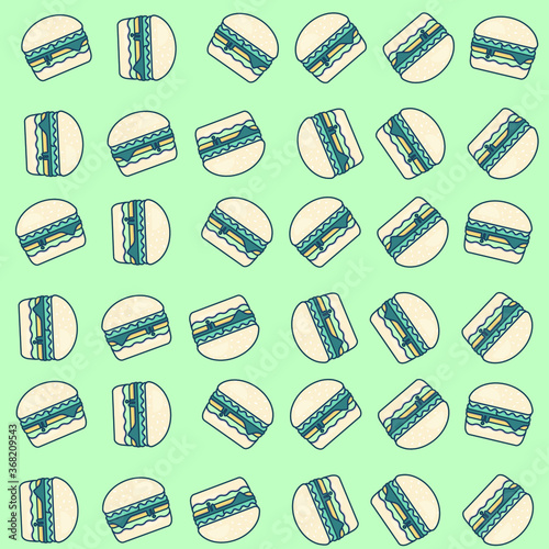 Classic hamburgers pattern on blue background. Fast food print, wallpaper, background, textiles. Repeated food template. Rosa hamburgers.