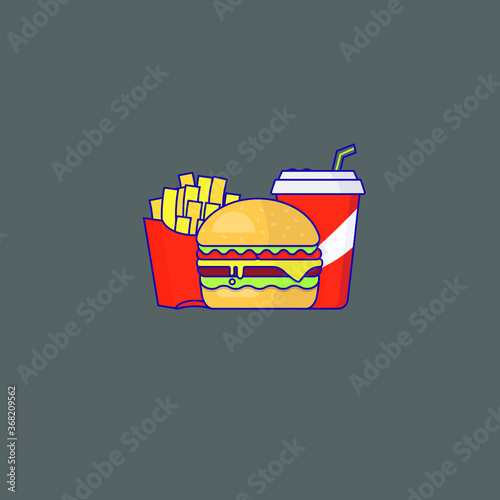 Burger, french fries and soda on grey background. Simple design, flat illustration. Food logo, print, web background.