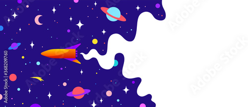 Universe. Motivation banner with universe cloud, dark cosmos, planet, stars and rocket spaceship. Banner template with universe starry dark night dream background. Vector Illustration