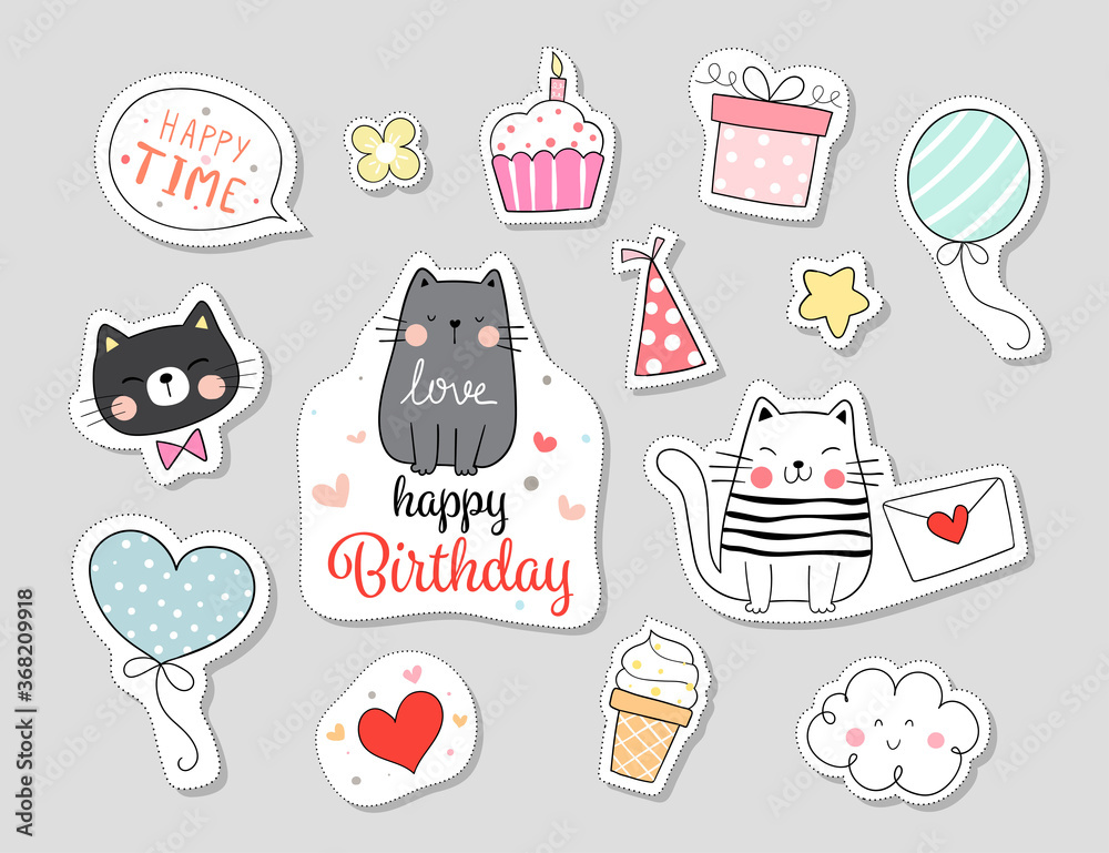 Draw collection stickers cat with happy birthday concept.