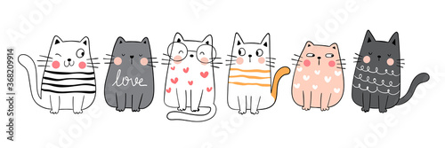 Draw collection funny cute cat.Doodle cartoon style.
