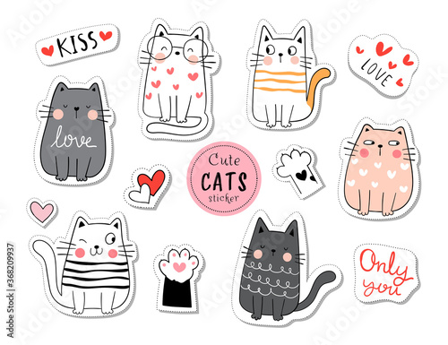 Narysuj kolekcję naklejek zabawny kot w koncepcji miłości.