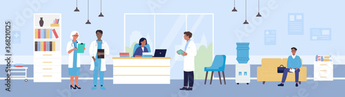 Hospital reception vector illustration. Cartoon flat doctor character team standing at receptionist table, patient waiting for doctor appointment, sitting on sofa in hospital hall interior background
