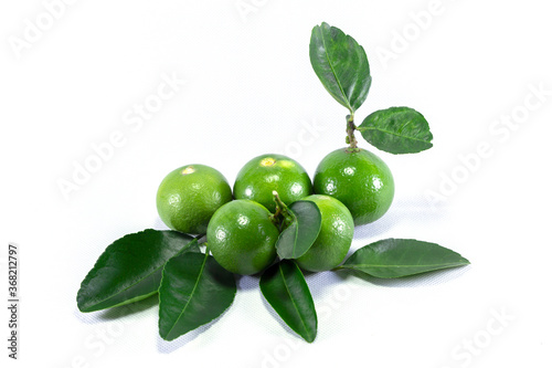 Thai lemons are green lemons and green leaves, sour green lemons, separate on a white background and copy area and text area.