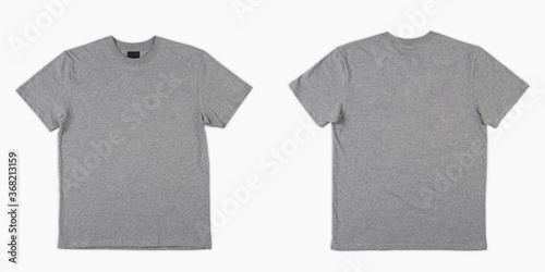 Blank t-shirt color gray template front and back view isolated on white background. Plain t-shirts taken from the top view. Blank gray t-shirt set isolated, mock up tshirt to be printed.