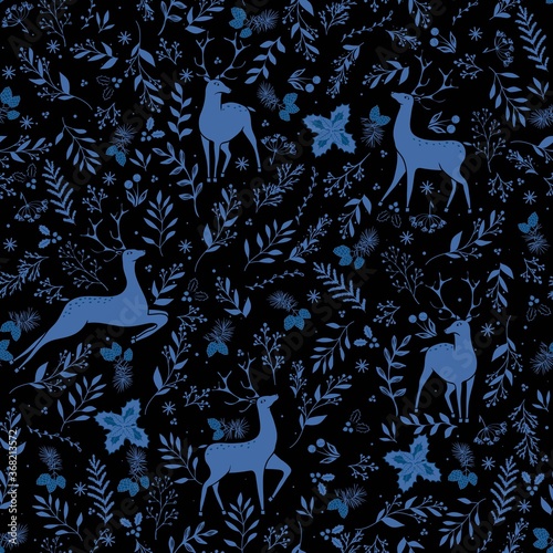 Winter seamless vector pattern with holly berries, deer, christmas branch. Part of Christmas backgrounds collection. Can be used for wallpaper, pattern fills, surface textures, fabric prints.