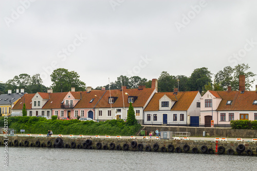 Sweden - August 14, 2011: Beautiful, little, cozy and multicolored buildings near the sea (at the pier)