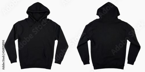 Blank black male hoodie sweatshirt long sleeve with clipping path, mens hoody with hood for your design mockup for print, isolated on white background. Template sport winter clothes. photo