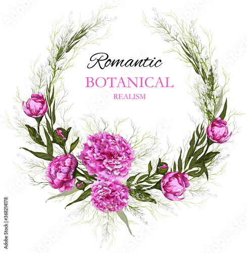 decorative element, pink flower, a wreath of peonies, eucalyptus leaves. hand-drawn doodles in a realistic style. a modern decor element for decorating your ideas isolated on a white background.