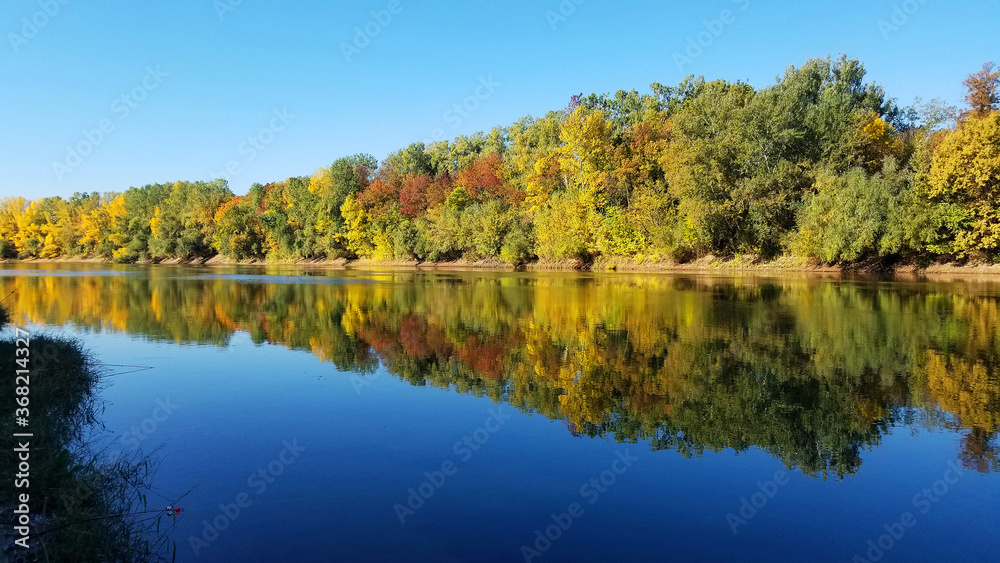 river bank and trees at sunset. trees on the bank are reflected in the water surface of the river, yellow, green and orange foliage on the trees