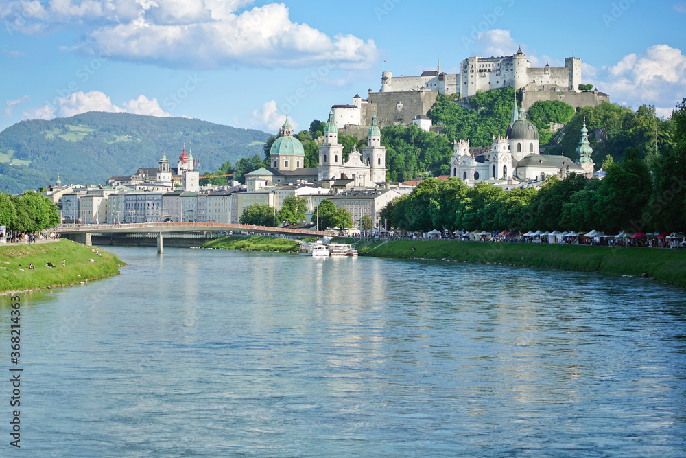 Festung Hohensalzburg and Salzach river in summer of Salzburg, Austria.