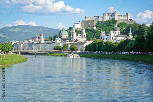 Festung Hohensalzburg and Salzach river in summer of Salzburg, Austria.