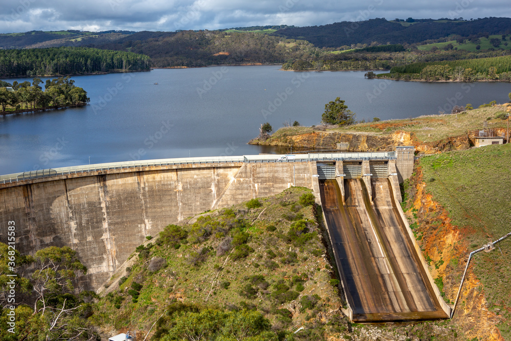The iconic Myponga Dam on a sunny day located on the Fleurieu Peninsula South Australia on July 21 2020