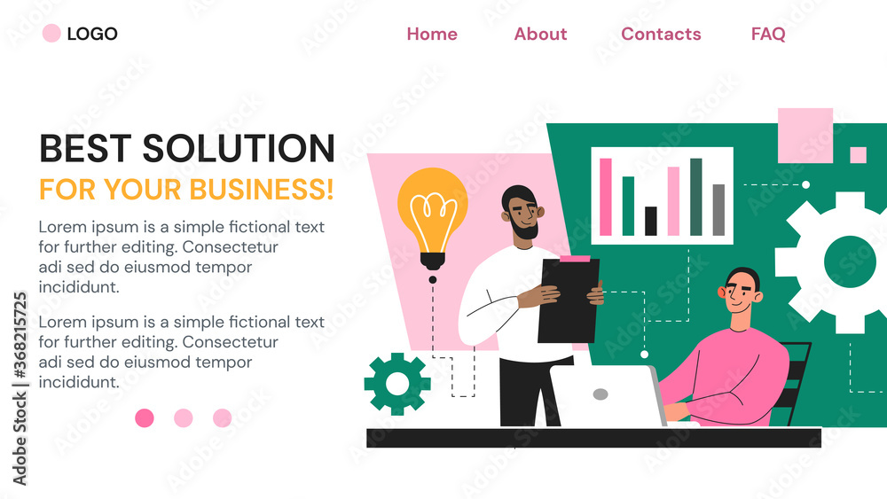 Best Solution for Your Business web page marketing template with an adviser or analyst taking to a businessman, colored vector illustration