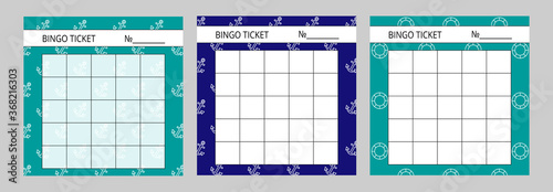 Set of sea bingo cards with place for numbers. Fun lottery templates with anchors and lifebuoy on the blue and turquoise background. Vector illustration
