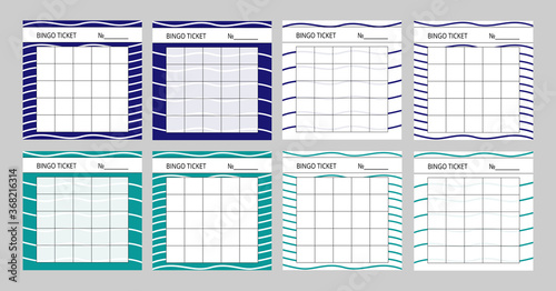 Bingo card templates with wavy blue and turquoise backgrounds. Set of lottery tickets for sea trips. Printable layouts with place for numbers. Vector illustration