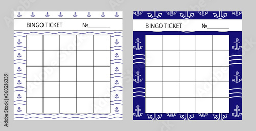Lottery tickets for american bingo game on a cruise ship. Summertime bingo templates with white and blue anchors. Vector illustration