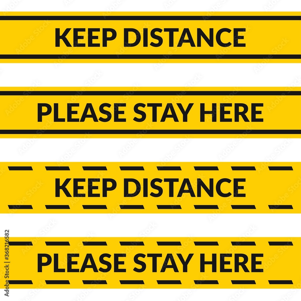 Fototapeta premium Keep distance yellow floor stripe. Please stay here line
