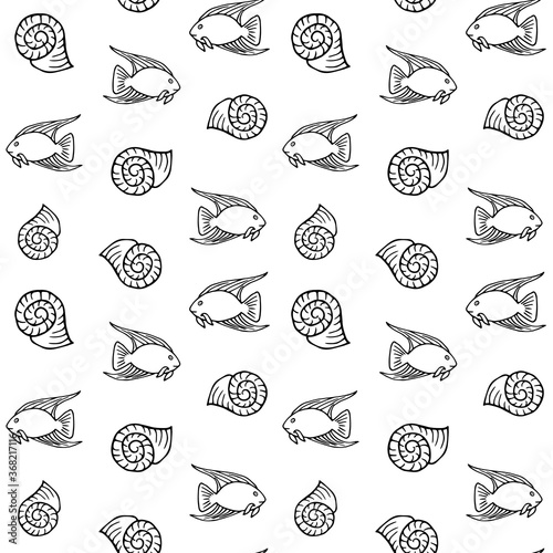 Line art seamless pattern fish and shell doodle for decorative design. Vector illustration icon. Sea ocean. Cute seamless background. Black outline. Art line. EPS10.
