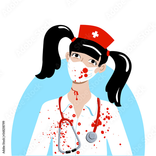 Cute girl in bloody nurse halloween party costume. Hat with a cross stethoscope robe and mask with blood stains. Avatar for social media. Stock vector flat illustration isolated on white background.