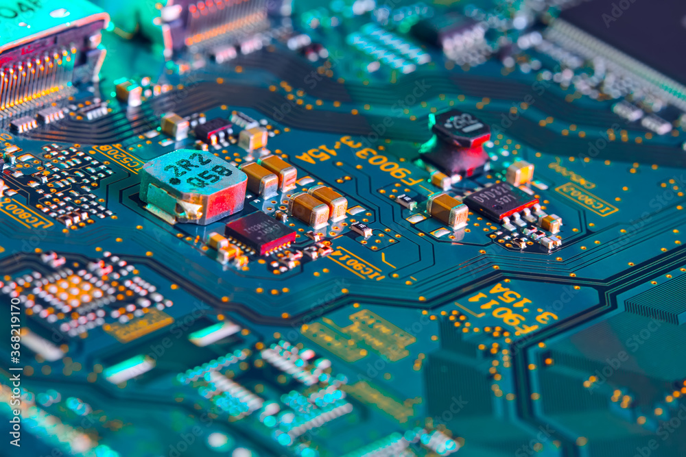 Electronic circuit board close up.