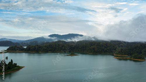 Aerial view of Kenyir Lake in the morning. © ellinnur