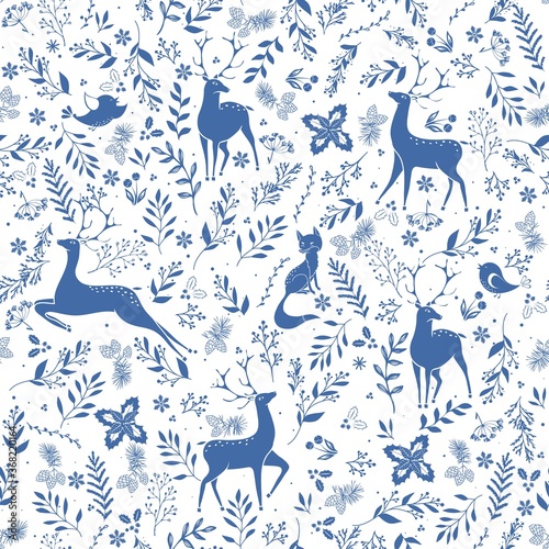 Winter seamless vector pattern with holly berries, deer, fox, bird and Christmas branch.  Can be used for wallpaper, pattern fills, surface textures, fabric prints.