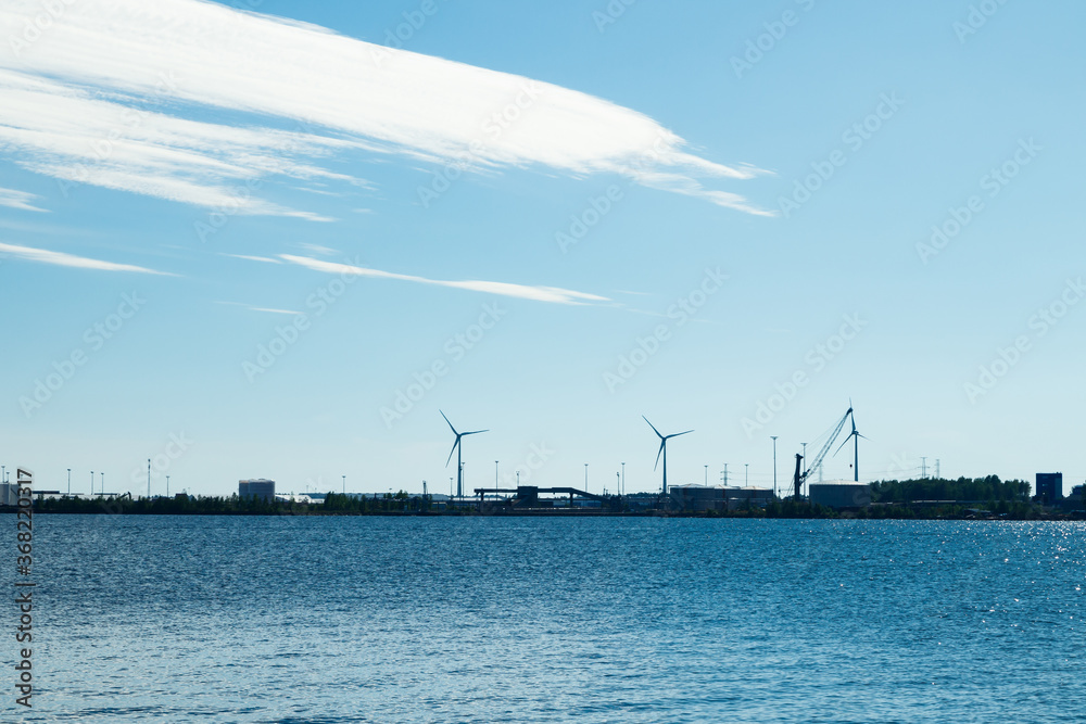 Windmills on island Mussalo in Baltic Sea, Kotka, Finland
