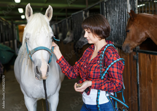 Portrait of young attractive woman who works at horse stable