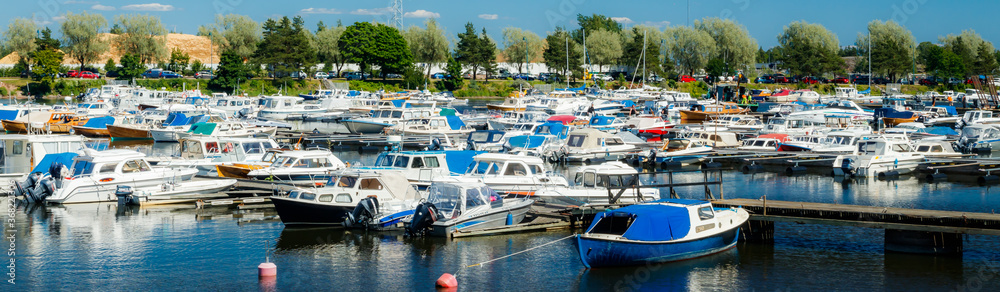Kotka, Finland - 22 June 2020: A view on the parking of boats and yachts in the gulf Sapokka.