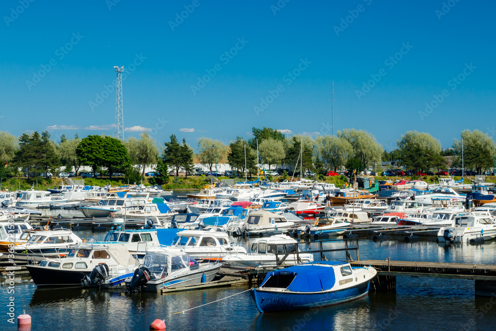 Kotka, Finland - 22 June 2020: A view on the parking of boats and yachts in the gulf Sapokka.