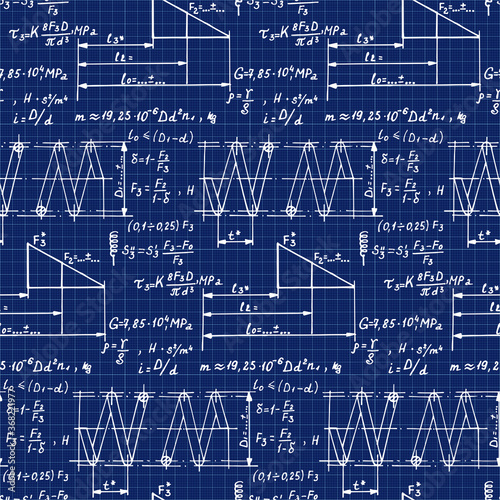 Spring construction. Physics background with the equations, figures, schemes, plots and other calculations on blueprint. Handwritten vector seamless pattern.