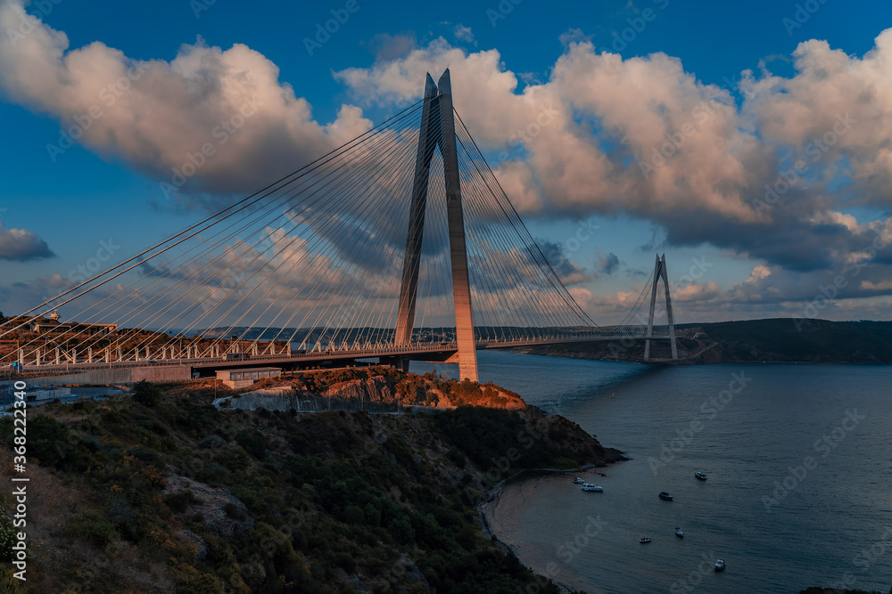 Bosphorus Yavuz Sultan Selim Bridge, blue sky and white clouds.