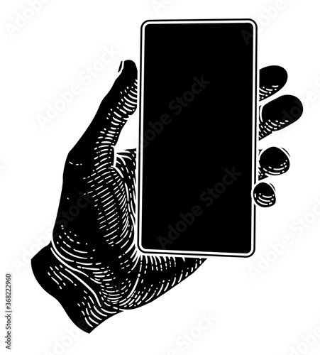 A hand holding a mobile phone iin a vintage old woodcut etching style